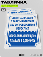 Табличка для бассейна "Детям запрещено плавать в бассейне без сопровождения взрослых", на пляж, для общественной и частной зоны отдыха, информационная, 40х30 см, Silver Plane x Айдентика Технолоджи