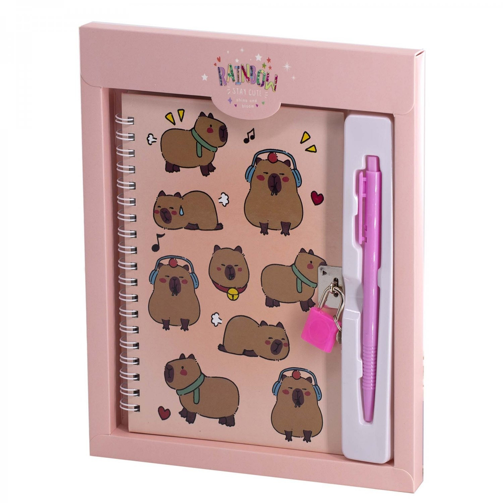 Блокнот в футляре, 19,5 см * 22 см, гребень, Alingar, ламин, ручка, замочек, клетка, 46 л., "Капибара-музыкант", персиковый