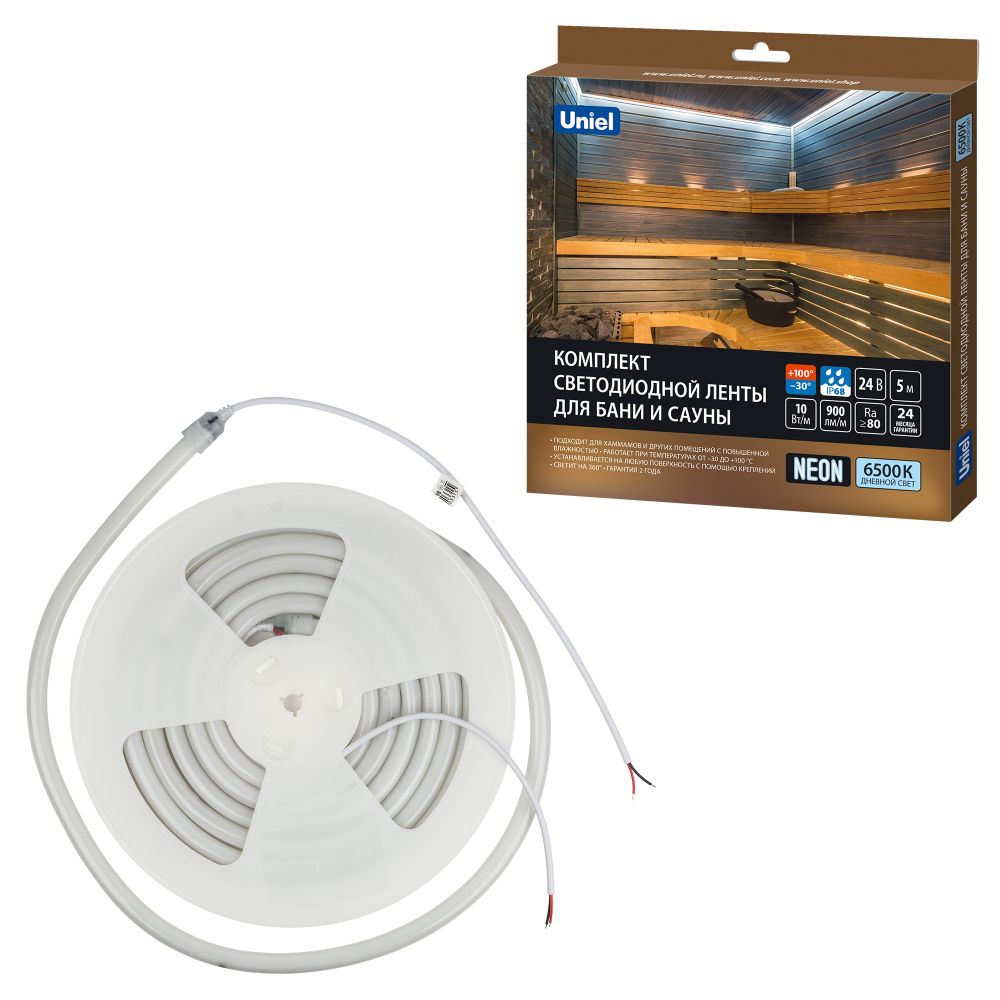 ULS-N40-2835-120LED-m-16mm-IP68-DC24V-10W-m-5M-6500K NEON SET01 Комплект светодиодной ленты для бань и саун. до +100С. катушка 5м. Дневной свет 6500К. Крепление в-к. TM Uniel