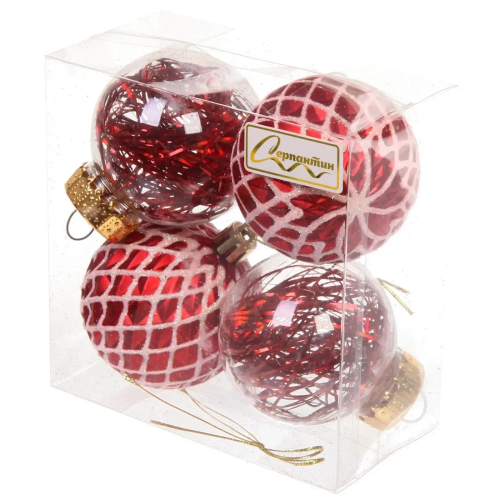 Новогодние шары 6 см (набор 4 шт) «Яркая метель», красный/белый