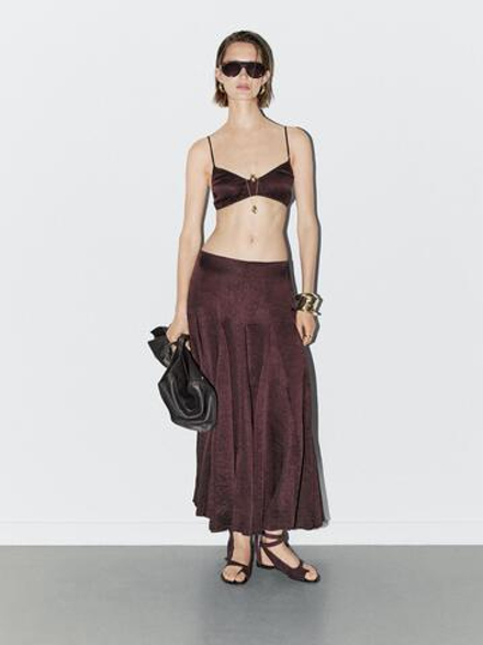 Massimo Dutti Струящаяся юбка миди с деталями годе - STUDIO, бордовый