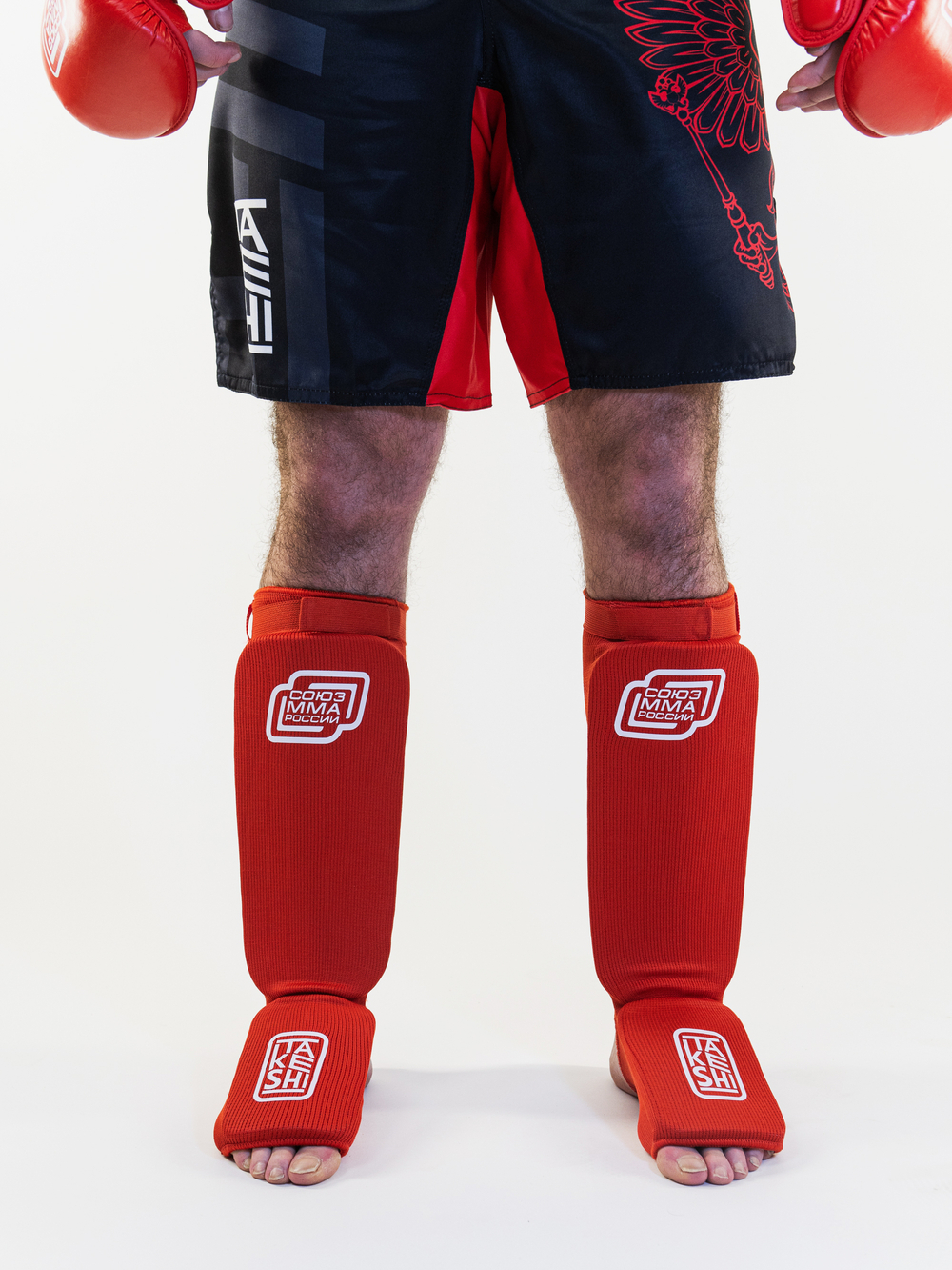 Защита голень-стопа эластичная ткань  TFG Союз ММА Red