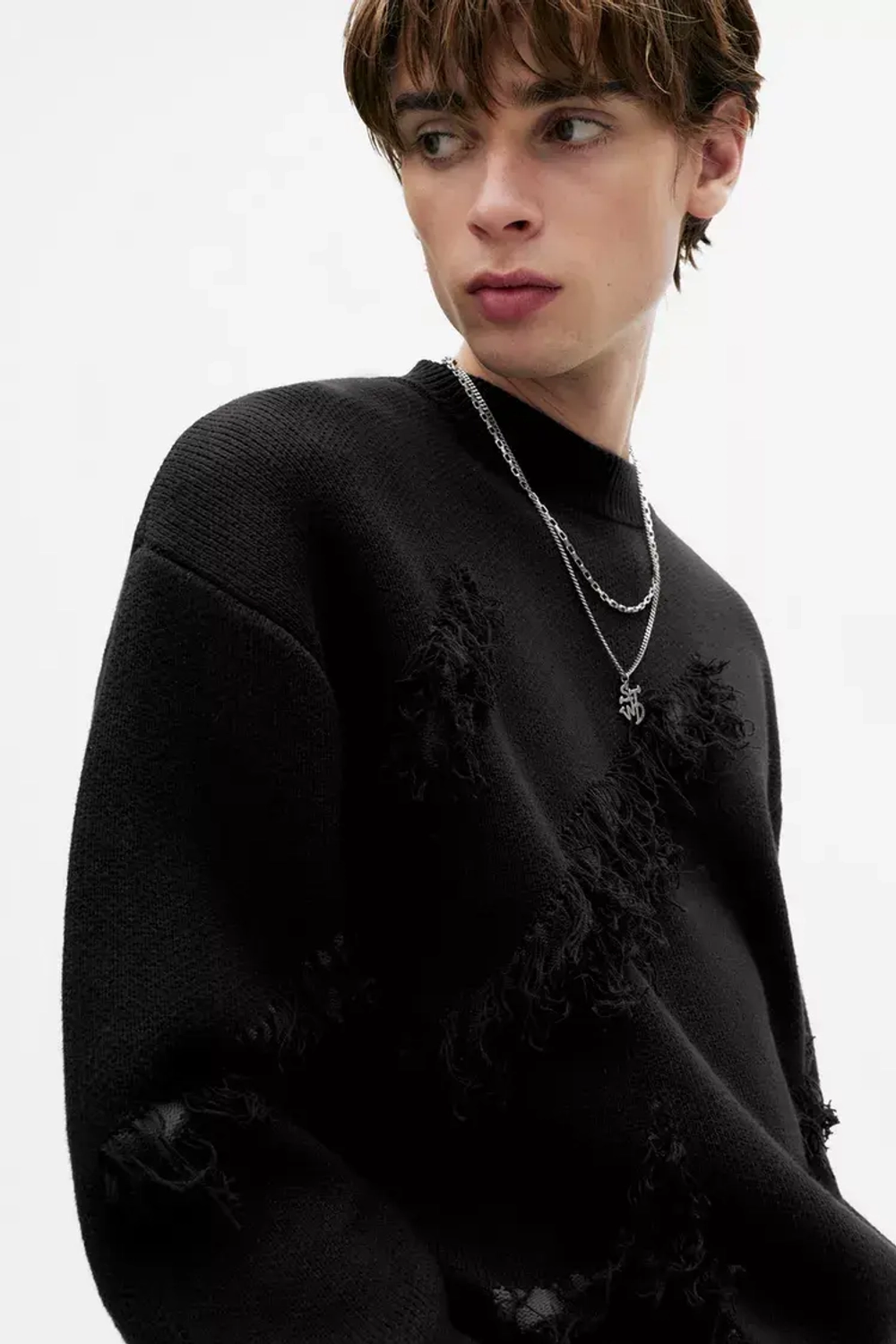 PULL&BEAR Рваный свитер с бахромой, черный