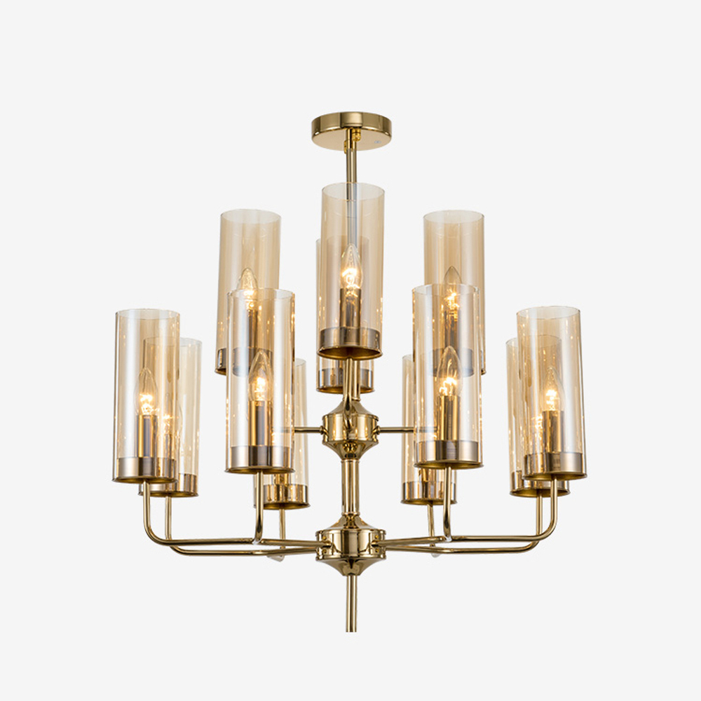 Chandelier  Brass & Blue Glass Tube by Hans-Agne Jakobsson (12 lampshades,  Beige)