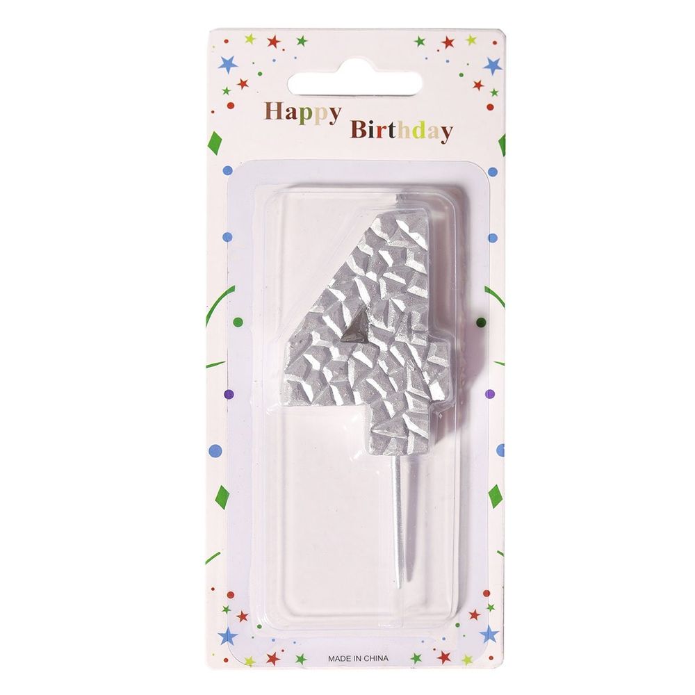 Свеча для торта Alingar, 5-6 см, на пике, "Цифра 4", цвет серебро, блистер с европодвесом