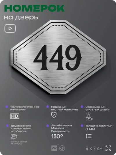 Номерок на дверь квартиры 449, для кабинета, офиса, шильдик 9 х 7 см, брашированная сталь, Айдентика Технолоджи