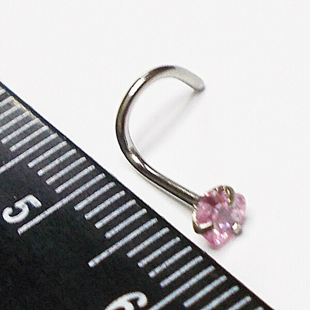 Пирсинг носа. Нострила изогнутая с розовым кристаллом "Сердце" 3 мм. Медицинская сталь.