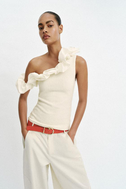 ZARA АСИММЕТРИЧНЫЙ ТОП БУКЛЕ, ЭКРЮ