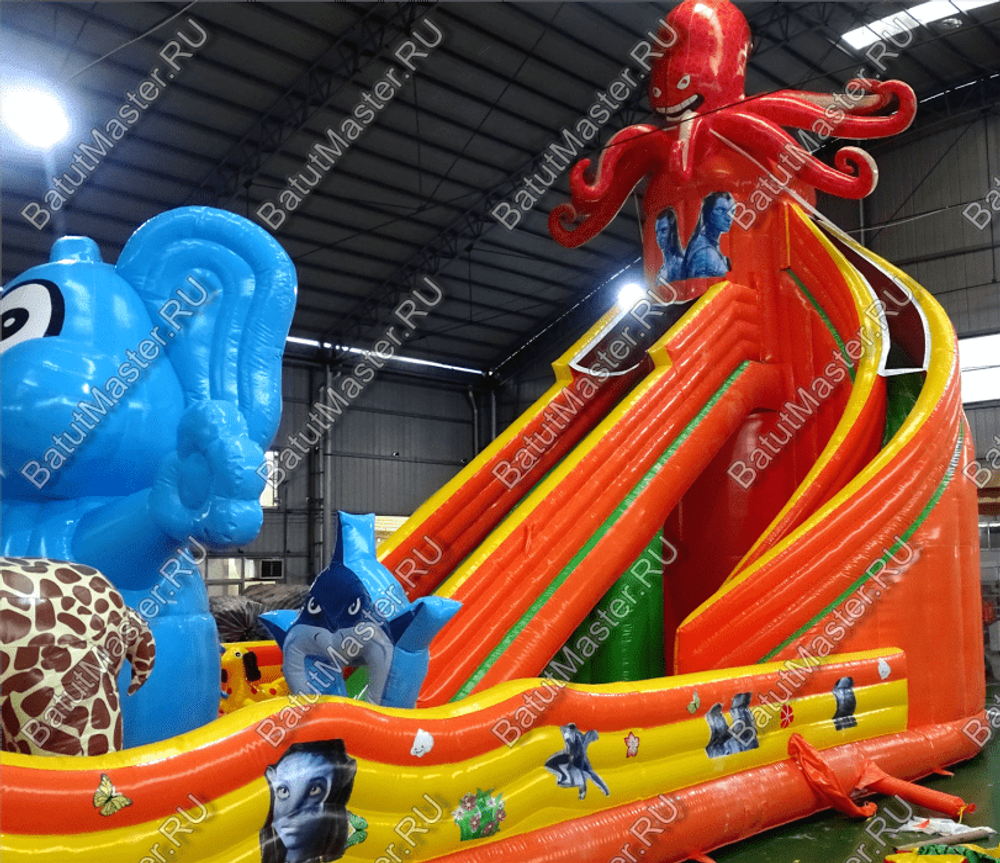 Коммерческий надувной батут "Слоны и жираф" 18*9*8,5 м