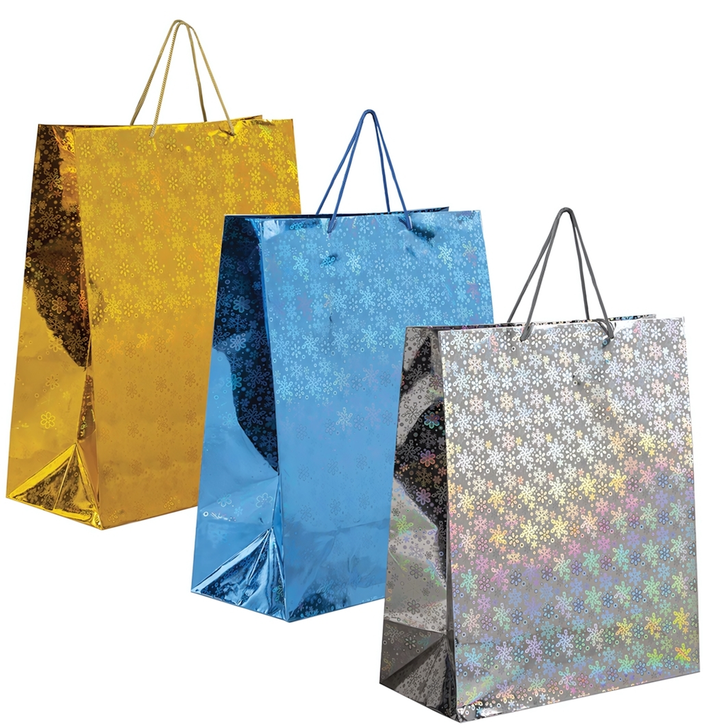 Пакет новогодний 41x19x49см. Голография, ассорти 3 цвета (Золотая сказка)