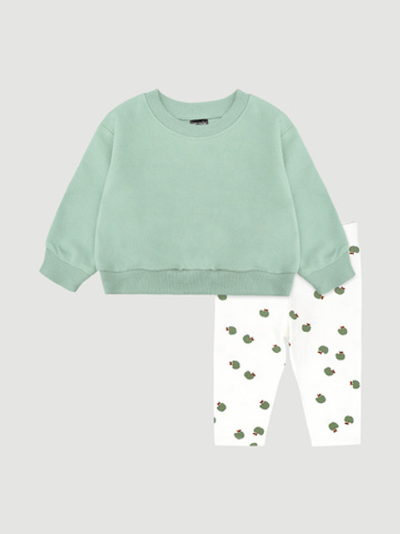 Комплект Mjölk Свитшот Пыльный ментоловый/Легинсы Яблочки, уценка