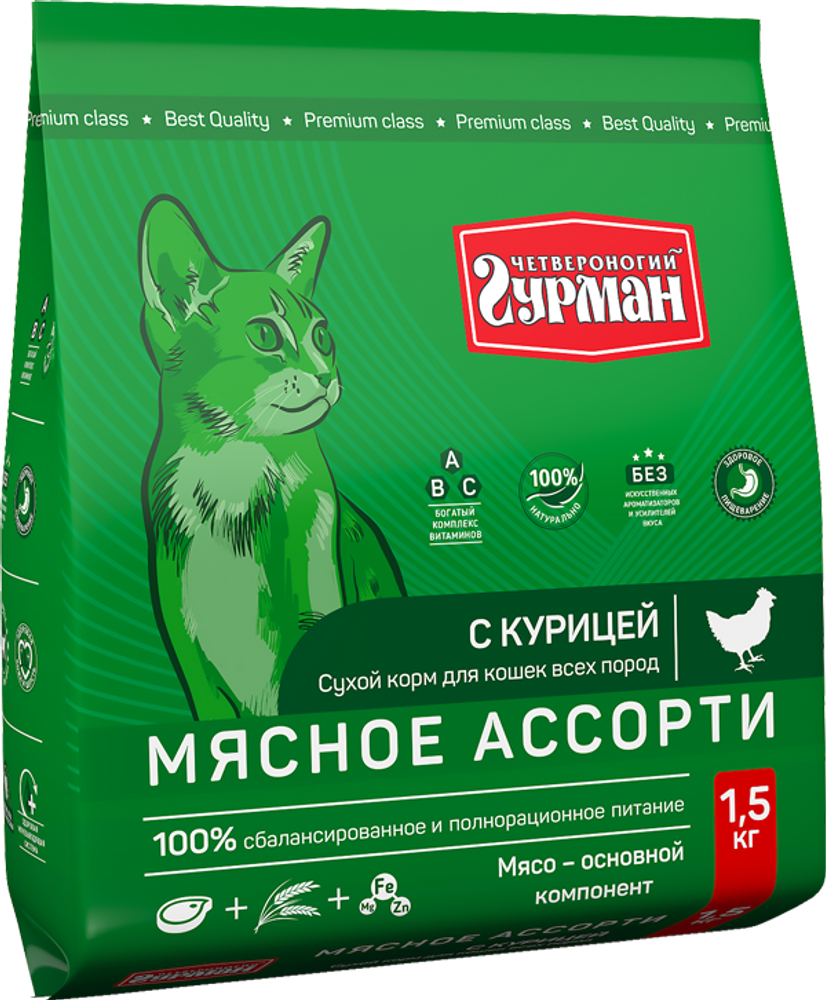 Корм сухой для кошек Четвероногий гурман &quot;Мясное ассорти с курицей&quot;, 1,5 кг