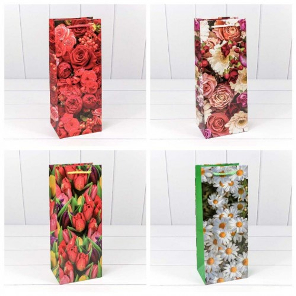 Пакет подарочный Под бутылку 14х35х11см "Цветы" (Микс)