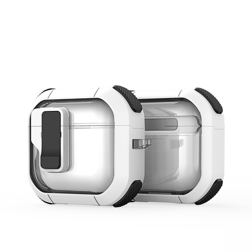 Прозрачный чехол белого цвета с черными вставками от Dux Ducis для наушников AirPods 4, серия PECN Series, в комплекте с карабином