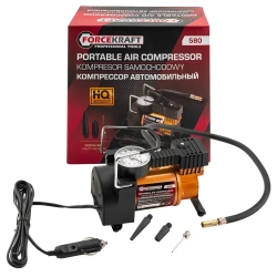 Компрессор автомобильный поршневой одноцилиндровый с аналоговым манометром (12В, 10А, 30л/мин, 7бар) в комплекте с переносной сумкой FORCEKRAFT FK-580