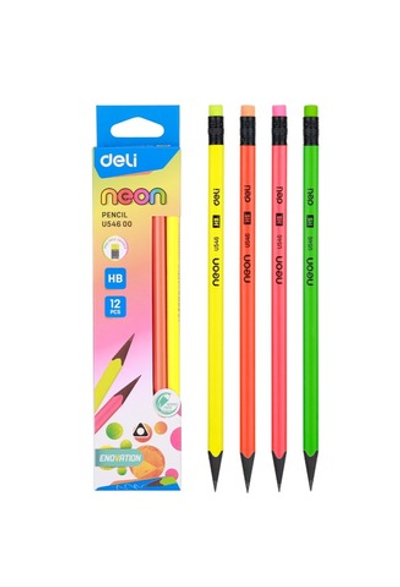 Карандаш чернографитный Deli Neon НB трехгран., ластик EU54600
