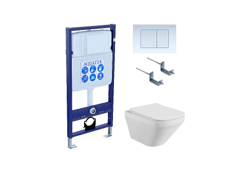 Унитаз с инсталляцией Aquatek Лира SET AQUATEK ЛИРА-009 4в1 с белой кнопкой, с крышкой микролифт, безободковый