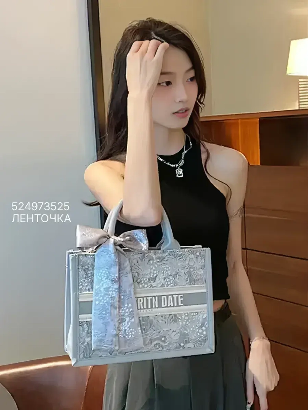 Сумка для учебы большая а4 тоут серая y2k с бантиком