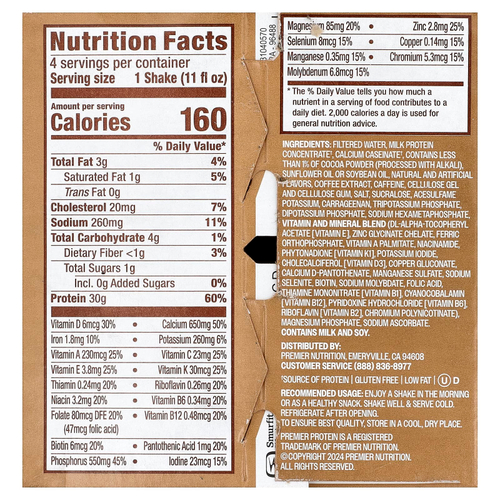 Premier Protein, высокопротеиновый коктейль, со вкусом кофе латте, 4 шт. по 325 мл (11 жидк. унций)