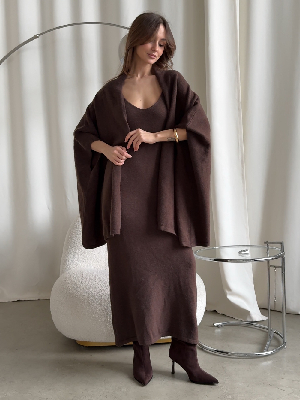 Комплект вязаный, длинное платье на лямках и короткий кардиган