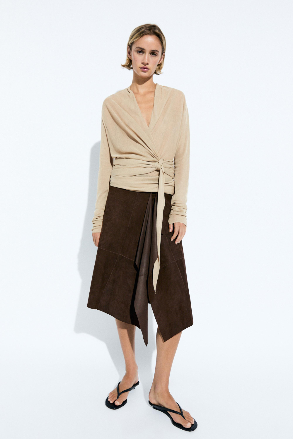 Massimo Dutti Трикотажный кардиган с драпировкой и запахом, песочный