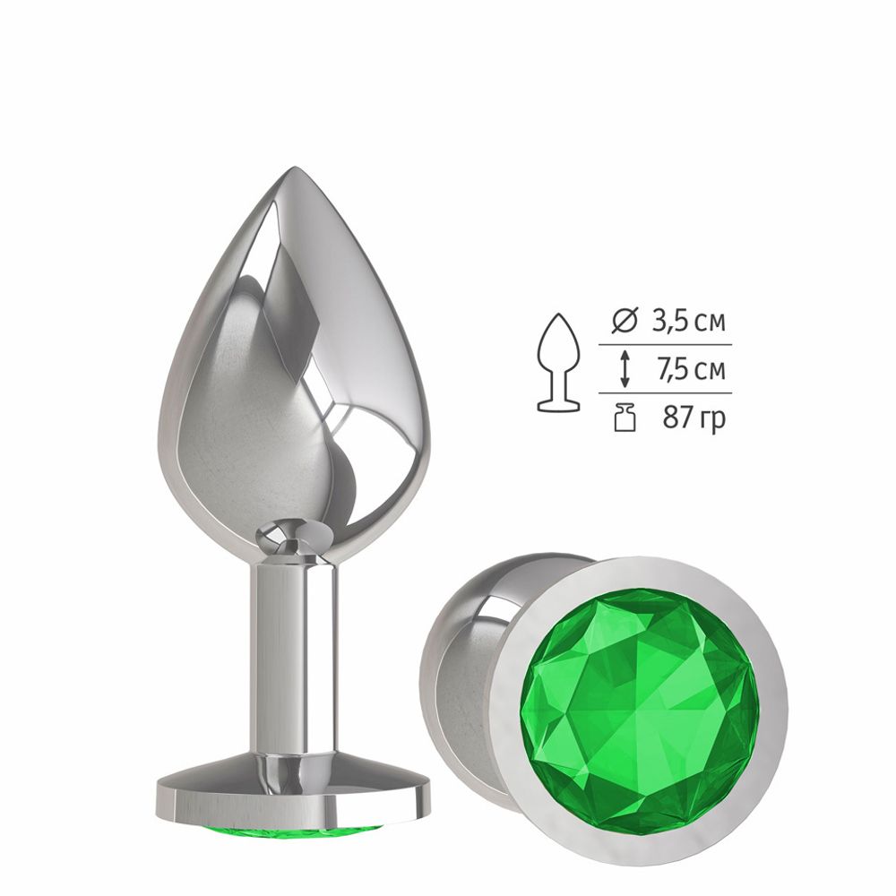 523-03 GREEN-DD / Анальная втулка Silver с зеленым кристаллом средняя