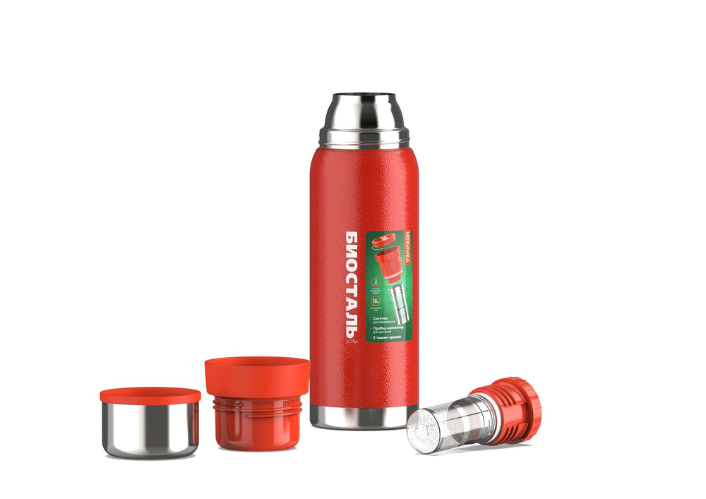 Термос Biostal Охота (0,75 литра), 2 чашки, с ситечком, красный