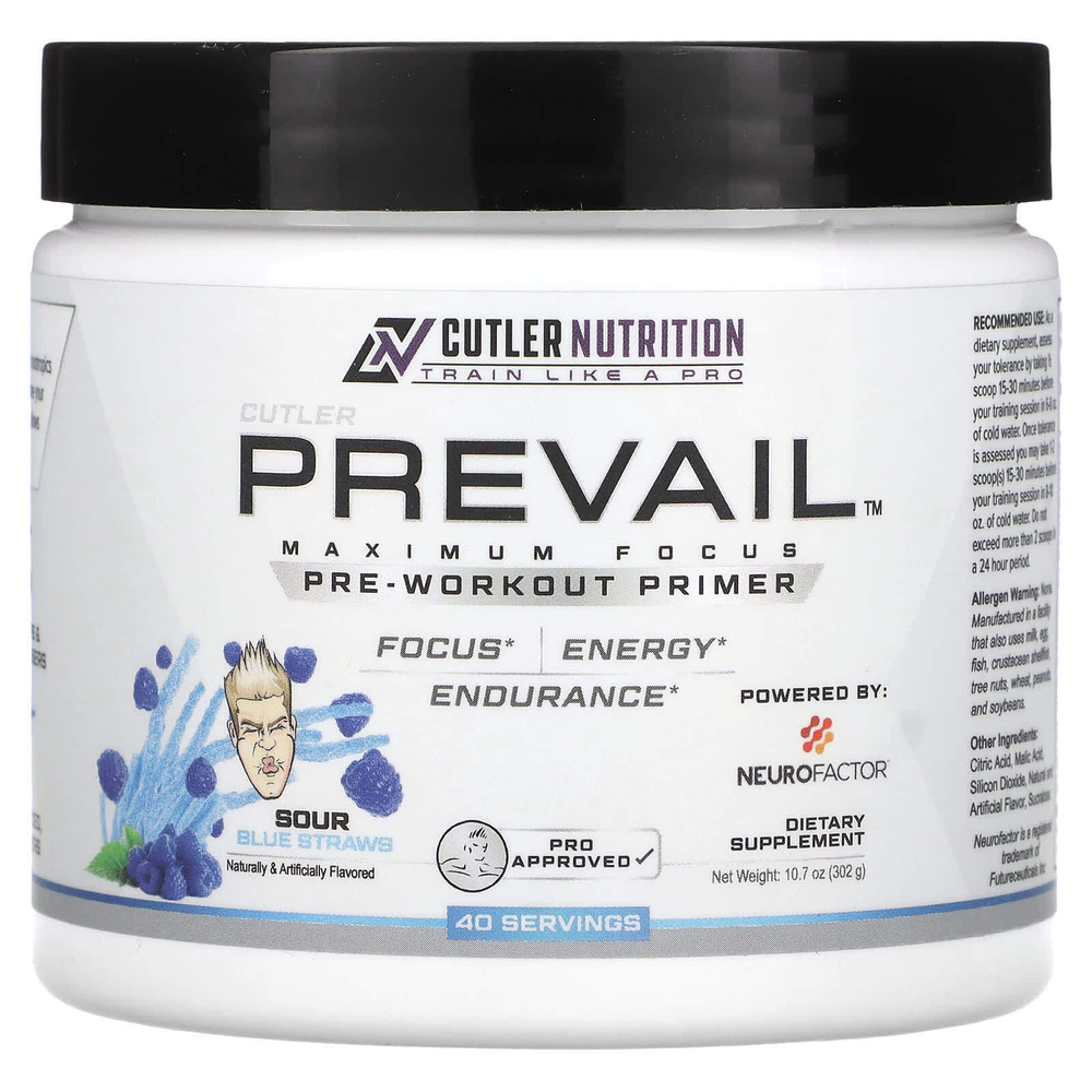 Cutler Nutrition, Prevail, предтренировочная добавка, со вкусом голубой соломки, 302 г (10,7 унции)