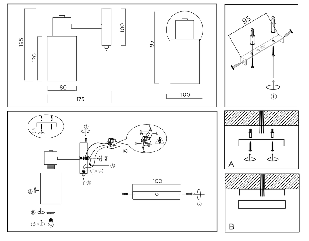 Настенный светильник с выключателем на корпусе TR9578 SN сатин E14 max 40W 175*100*195