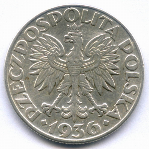 2 злотых 1936 год. Польша (Парусник). 15 лет морскому порту Гдыня. Серебро VF-XF