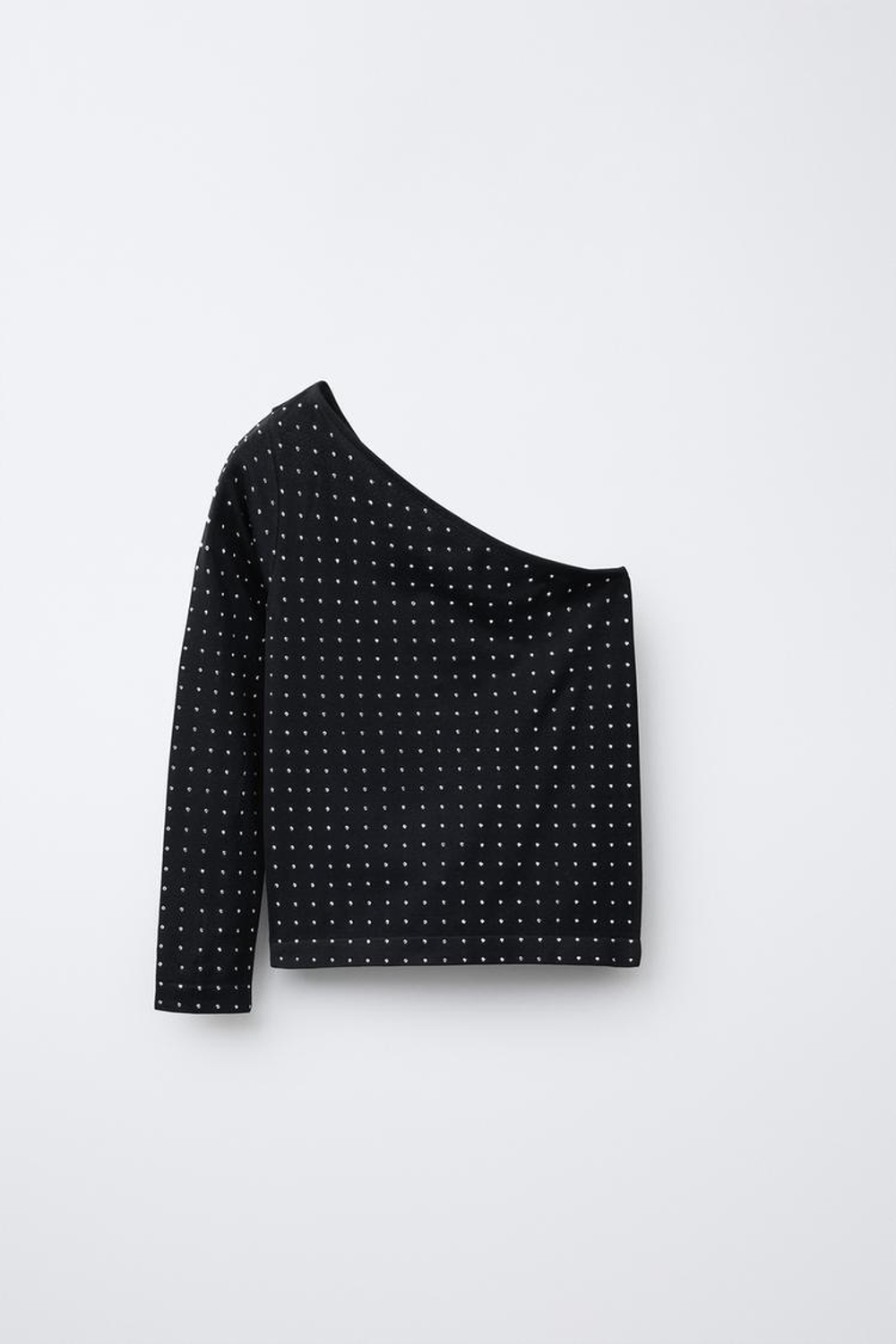 ZARA ФУТБОЛКА АСИММЕТРИЧНОГО КРОЯ БЕСШОВНАЯ СО СТРАЗАМИ, ЧЕРНЫЙ