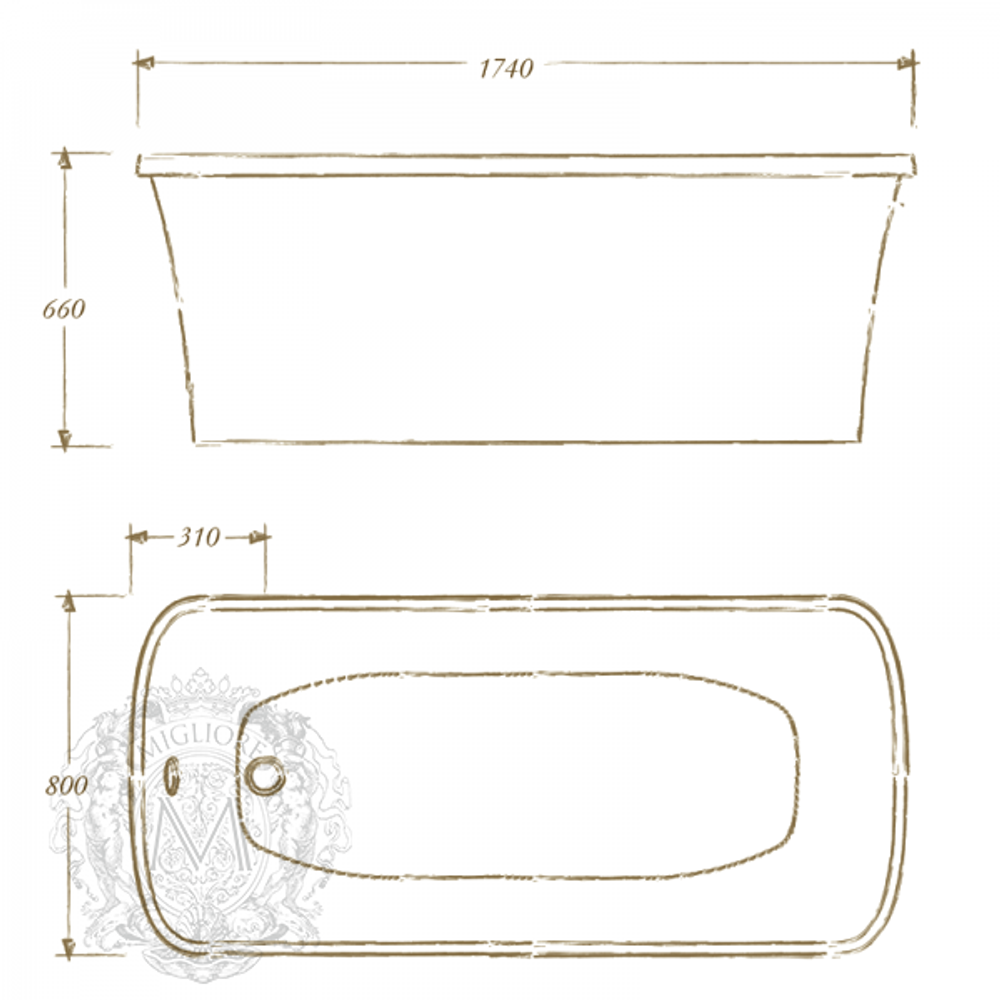 Ванна Migliore Olivia console 24381 174x80cm. бронза/черная акриловая отдельно стоящая схема