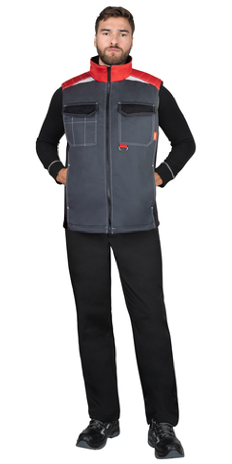 Жилет СИРИУС-ФАВОРИТ-МЕГА тёмно-серый с черным и красной отделкой