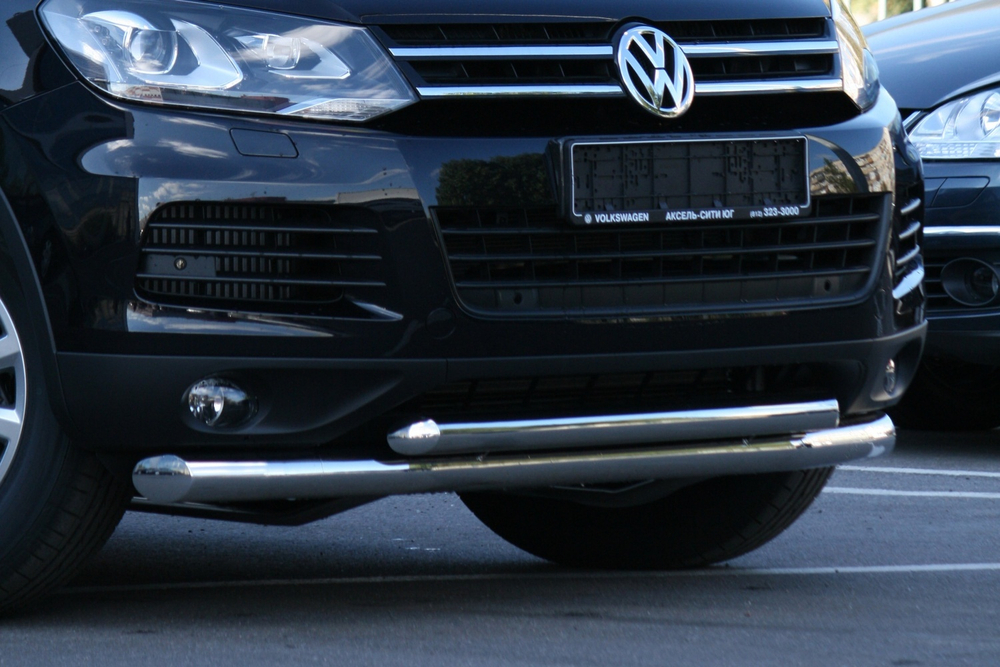 Защита переднего бампера (нержавейка) Volkswagen Touareg (2010-) двойная d76+d60 / Фольксваген Туарег