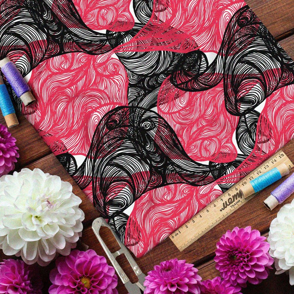 Ткань футер 2-х нитка витиеватый чёрные и розовый дым