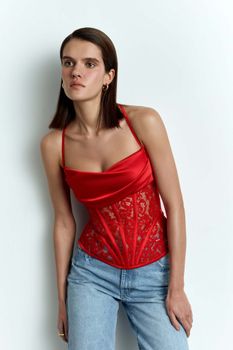 Топ драпированный корсетного типа из сатина и кружева