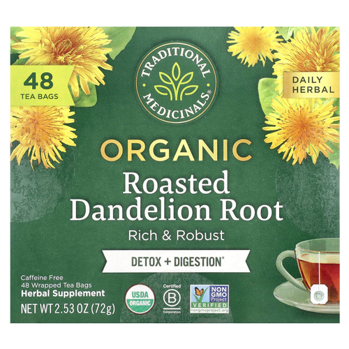 Traditional Medicinals, Органический травяной чай, обжаренный корень одуванчика, без кофеина, 48 чайных пакетиков, 72 г (2,53 унции)