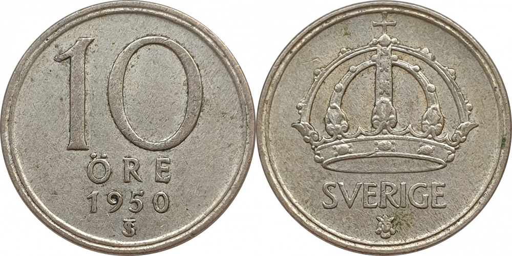 Швеция 10 эре, 1942 - 1950 Король Густав V XF