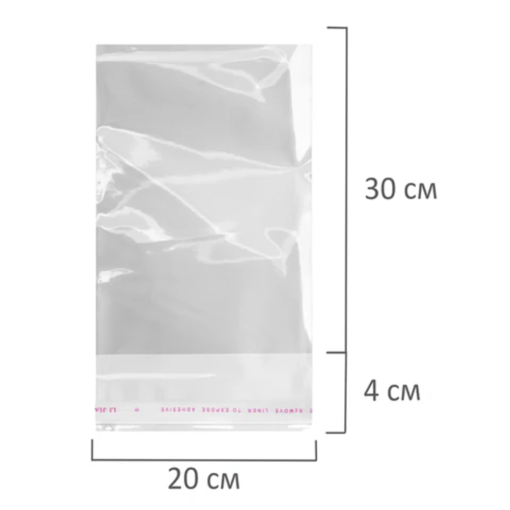 Пакеты БОПП с клеевым клапаном, КОМПЛЕКТ 100 штук, 20х30 + 4 см, 30 мкм, с усиленным швом, BRAUBERG