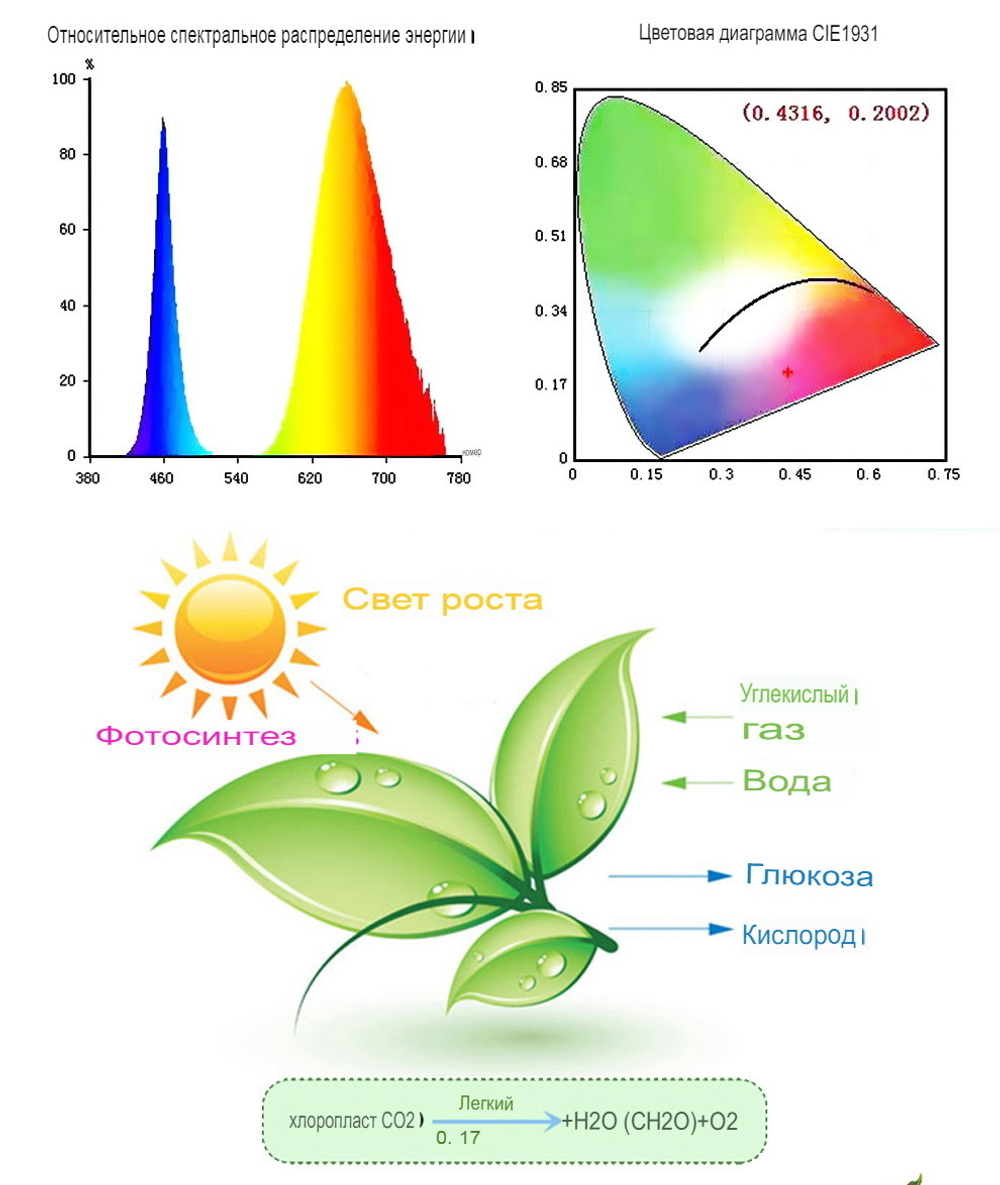 Излучает полный спектр света необходимый для роста растений
