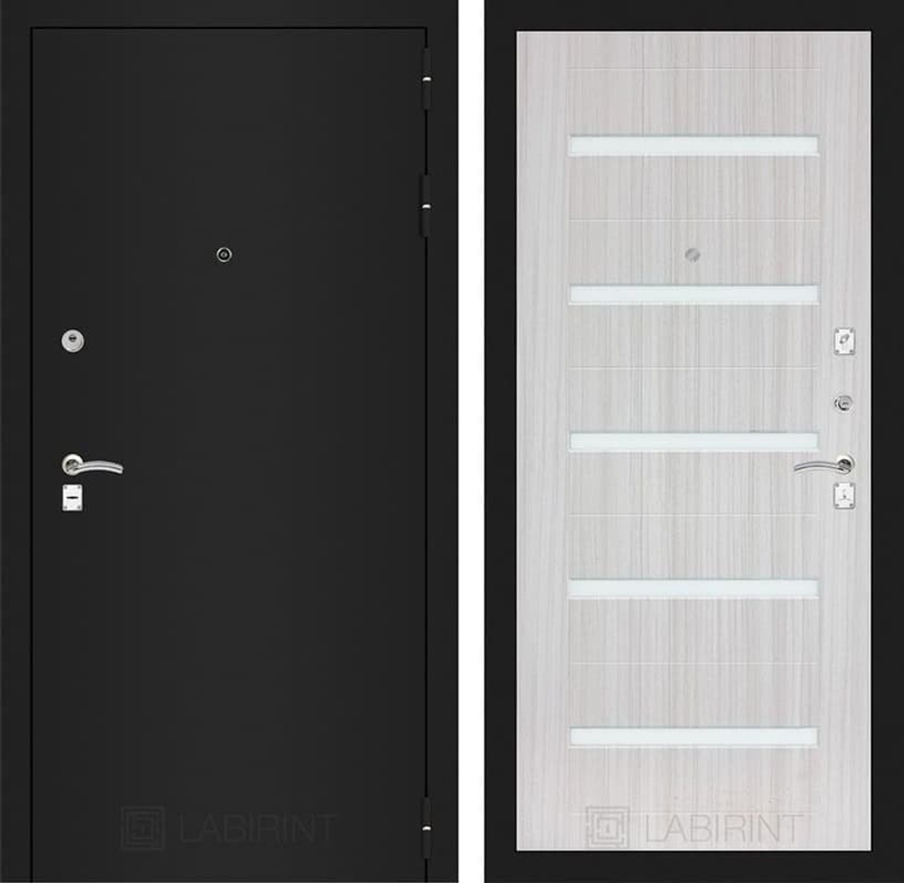 Входная дверь Лабиринт Classic (Классик) шагрень черная 01 Сандал белый стекло белое лакобель