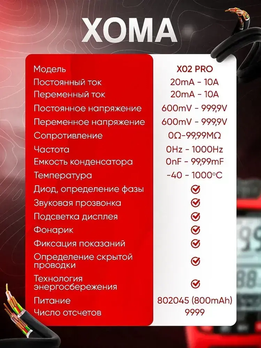 Мультиметр цифровой автоматический с щупами, чехлом и термопарой умный XOMA X02 PRO, работа от аккумулятора