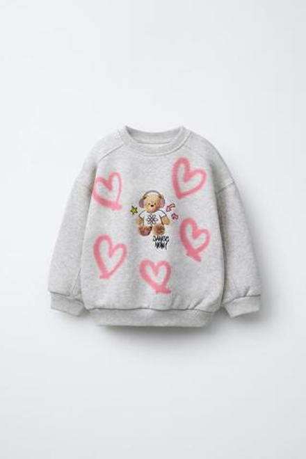 ZARA ТОЛСТОВКА С ВЫШИВКОЙ «МЕДВЕДЬ», СЕРЫЙ С МЕЛАНЖЕВЫМ ЭФФЕКТОМ