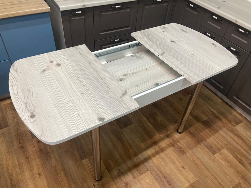 Стол разд Пластиковый подстолье прямое хром Царг.пояс белый Ст-ца бискайская сосна