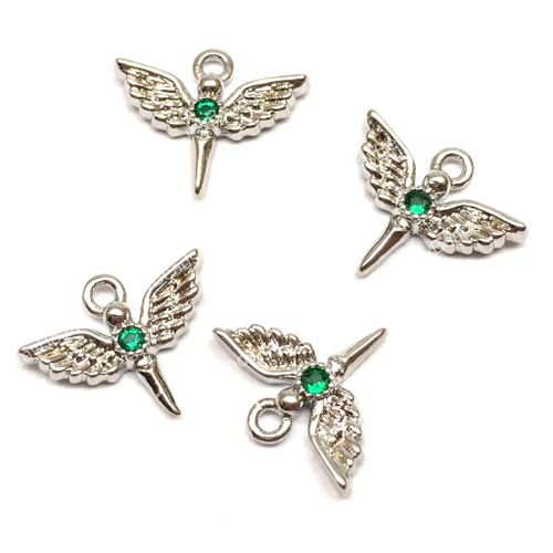 Подвеска с зеленым фианитом "Крылатый жезл" 12х11 мм, родий