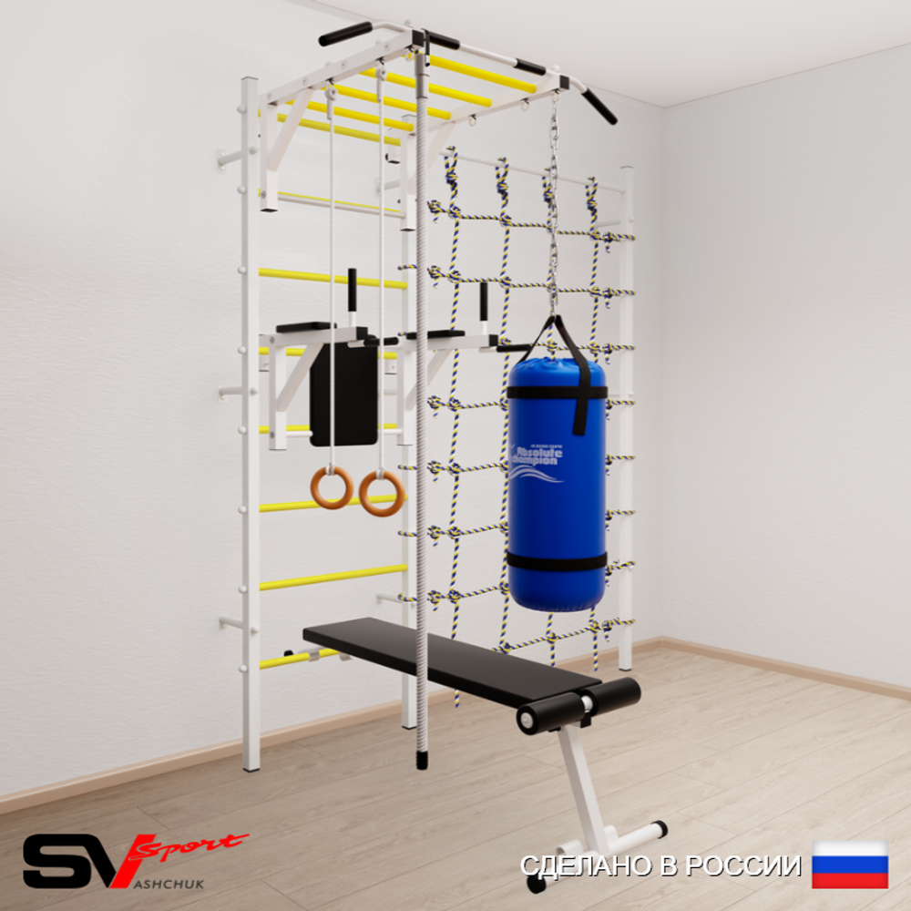 Шведская стенка Sv Sport 55410 (Турник рукоход/Брусья/Скамья/Канат/Кольца/Цепь/Мешок 15кг/Канатный лаз)