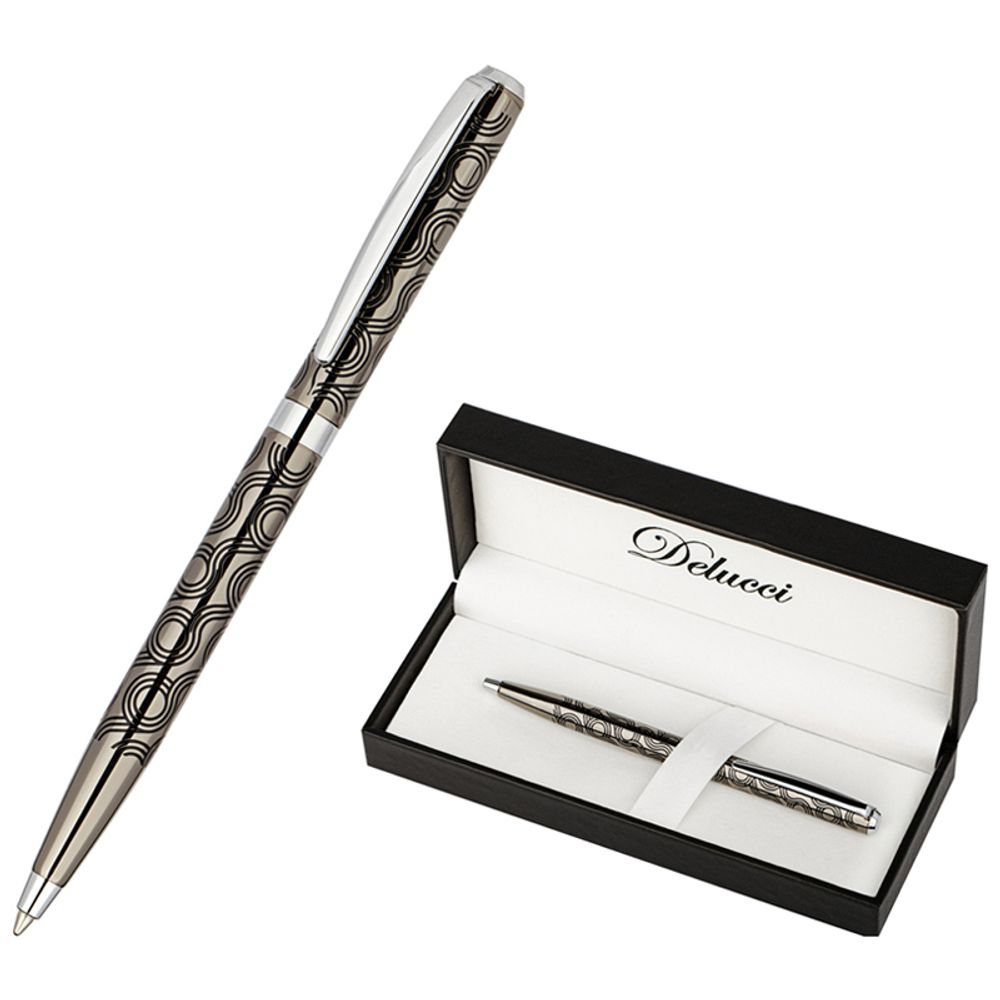 Ручка шариковая Delucci "Motivo" синяя, 1,0мм, корпус оружейный металл/серебро, поворот, подарочная упаковка