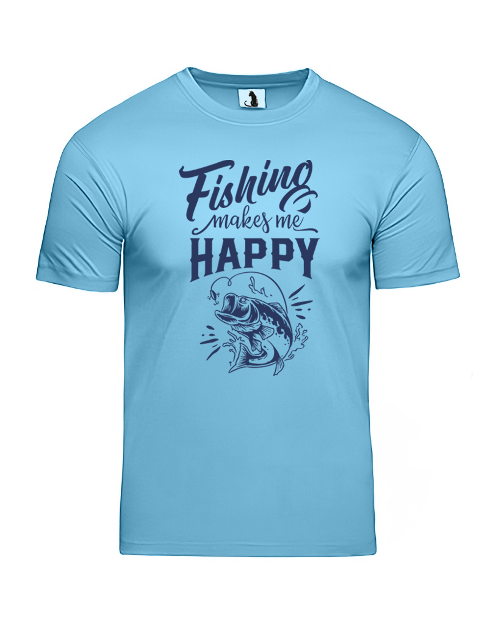 Футболка Fishing makes me happy классическая прямая голубая с синим рисунком
