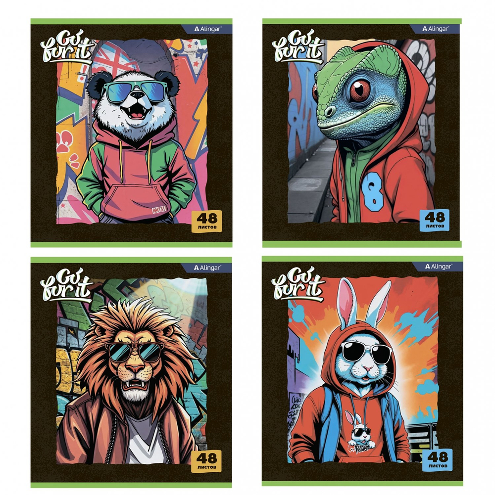Тетрадь 48л., А5, клетка, Alingar "Go for it", скрепка, мелованный картон (стандарт), блок офсет, 4 дизайна в пленке т/у