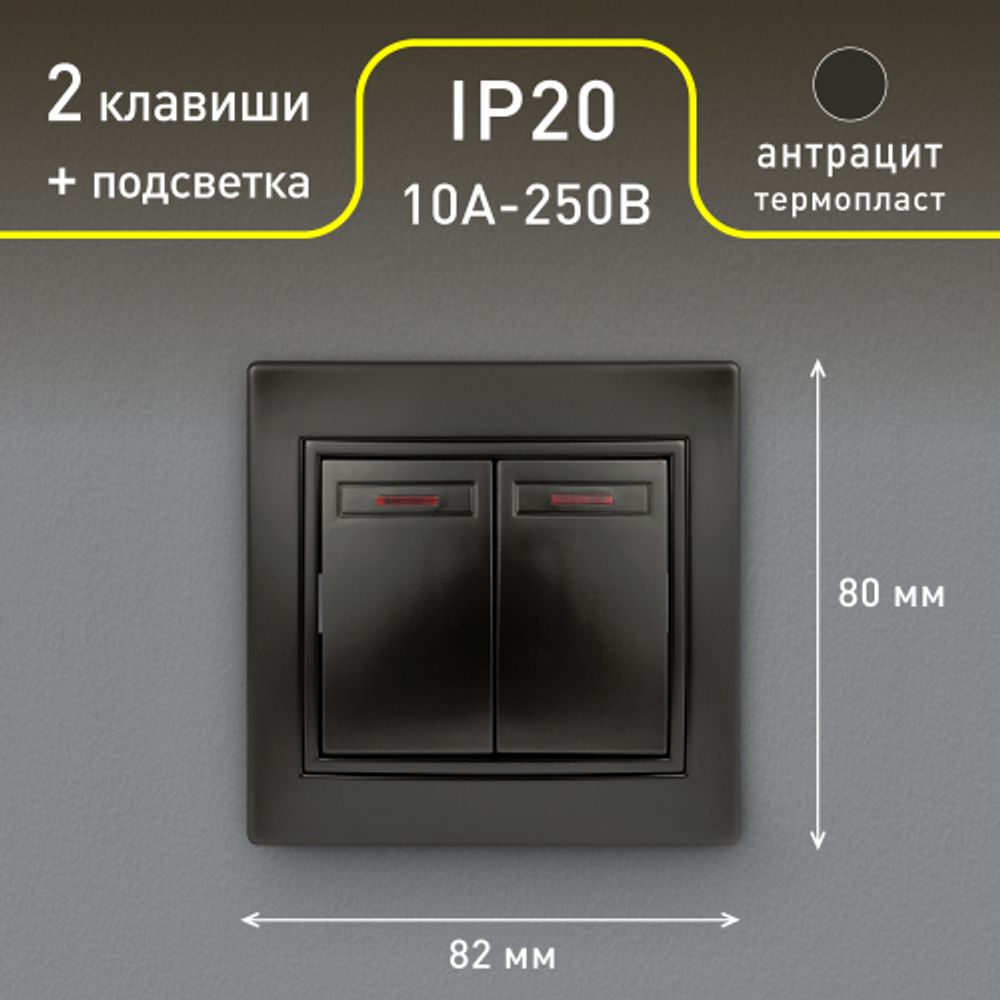 Выключатель Intro Plano 1-105-05 двухклавишный с подсветкой, 10А-250В, IP20, СУ, антрацит